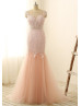 Blush Pink Lace Tulle Sheer Back Mermaid Long Prom Dress 